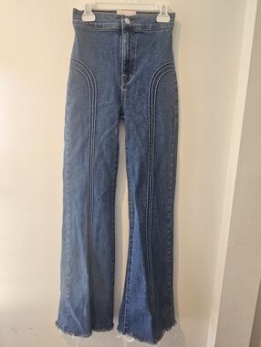 Revice Denim High Rise Flare Jeans Contrast Stitch Raw Hem Size 25